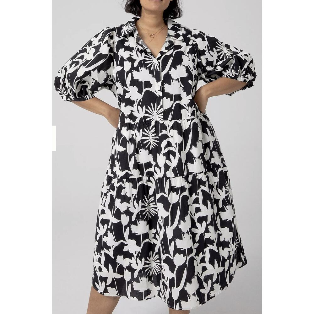 Anthropologie Blue Tassel Darla Midi Shirt Dress Sz 2X Black White Floral Cotton